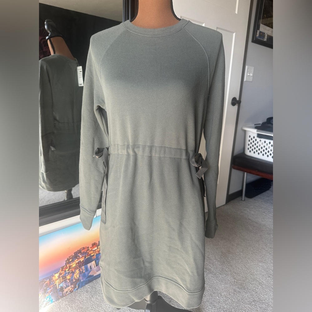 Athleta Studio SIZE XS Olive Green French Terry Cinch Waist Sweatshirt Dress -A